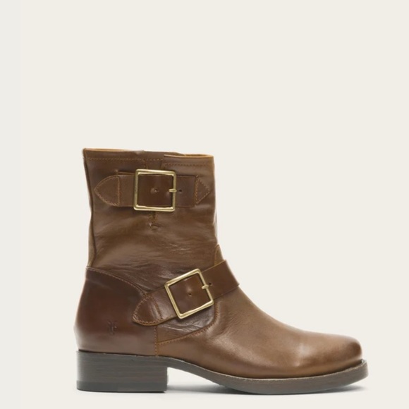 Frye Vicky Engineer Moto Brown Real Leather Belted Vintage Mid Calf Ankle Boot - Picture 4 of 16
